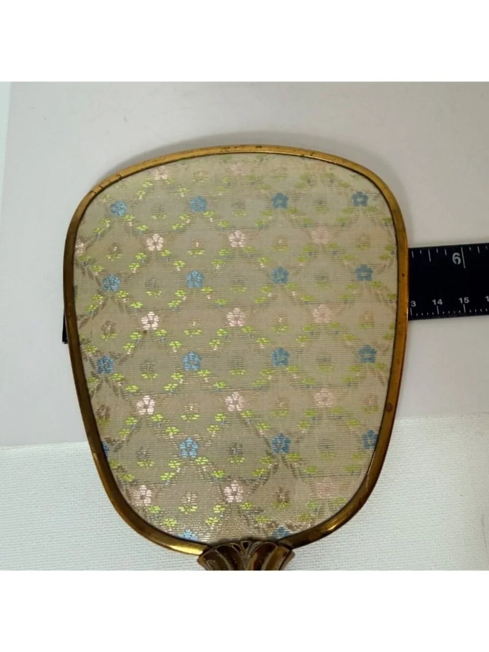 Vanity Hand Mirror Boudoir Decor Blue Floral VTG Brass Tone Hollywood Regency